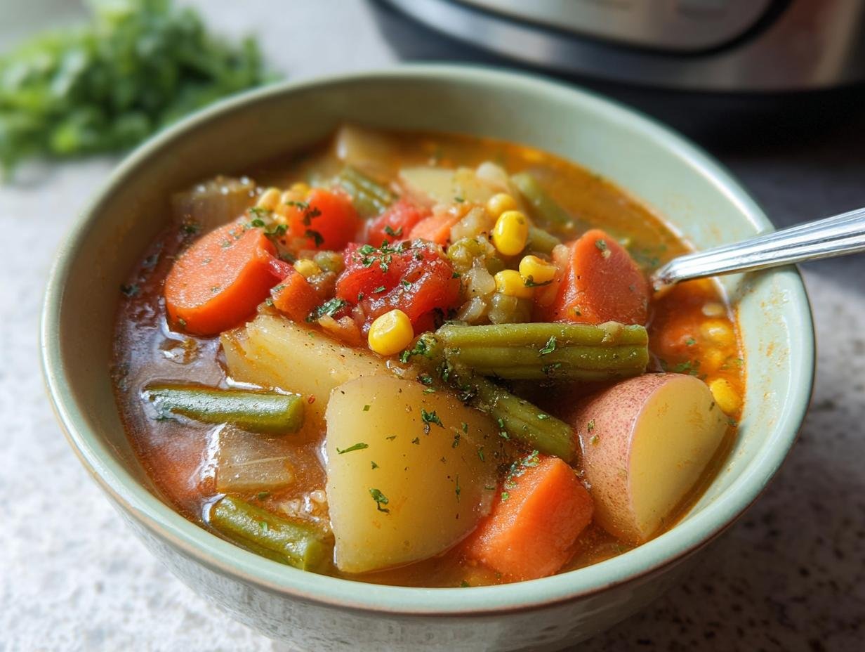 Close-up of a bowl of vegetable soup with potatoes, carrots, and green beans, perfect for light & nutritious dinner recipes.