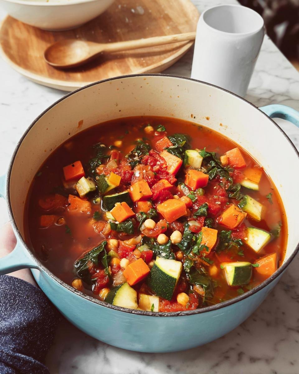 Close-up of a light blue Dutch oven filled with vibrant vegetable soup, featuring carrots, zucchini, and kale, perfect for Healthy Winter Soup Ideas.