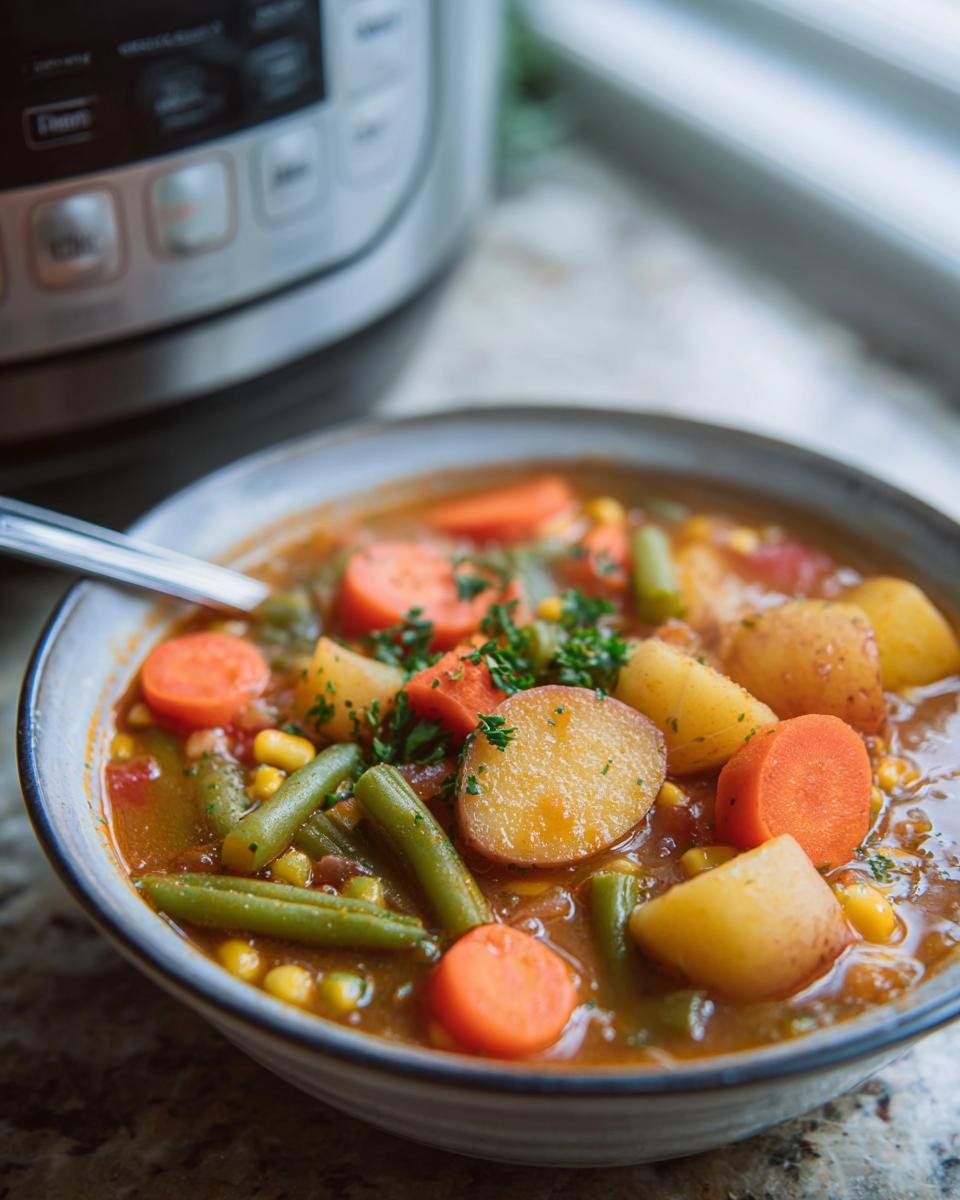 Close-up of a bowl of vegetable stew with potatoes, carrots, and green beans, perfect for Light & Nutritious Dinner Recipes.