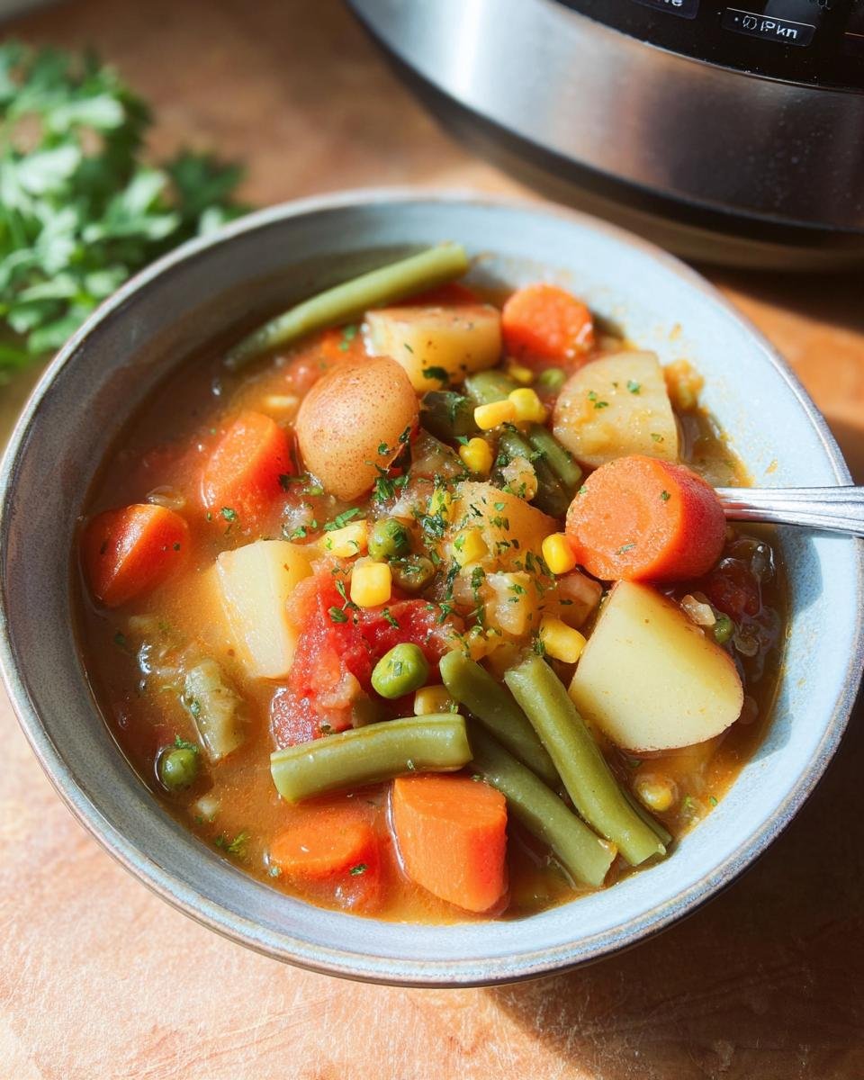 Close-up of a bowl of vegetable stew featuring potatoes, carrots, green beans, and corn, perfect for light & nutritious dinner recipes.