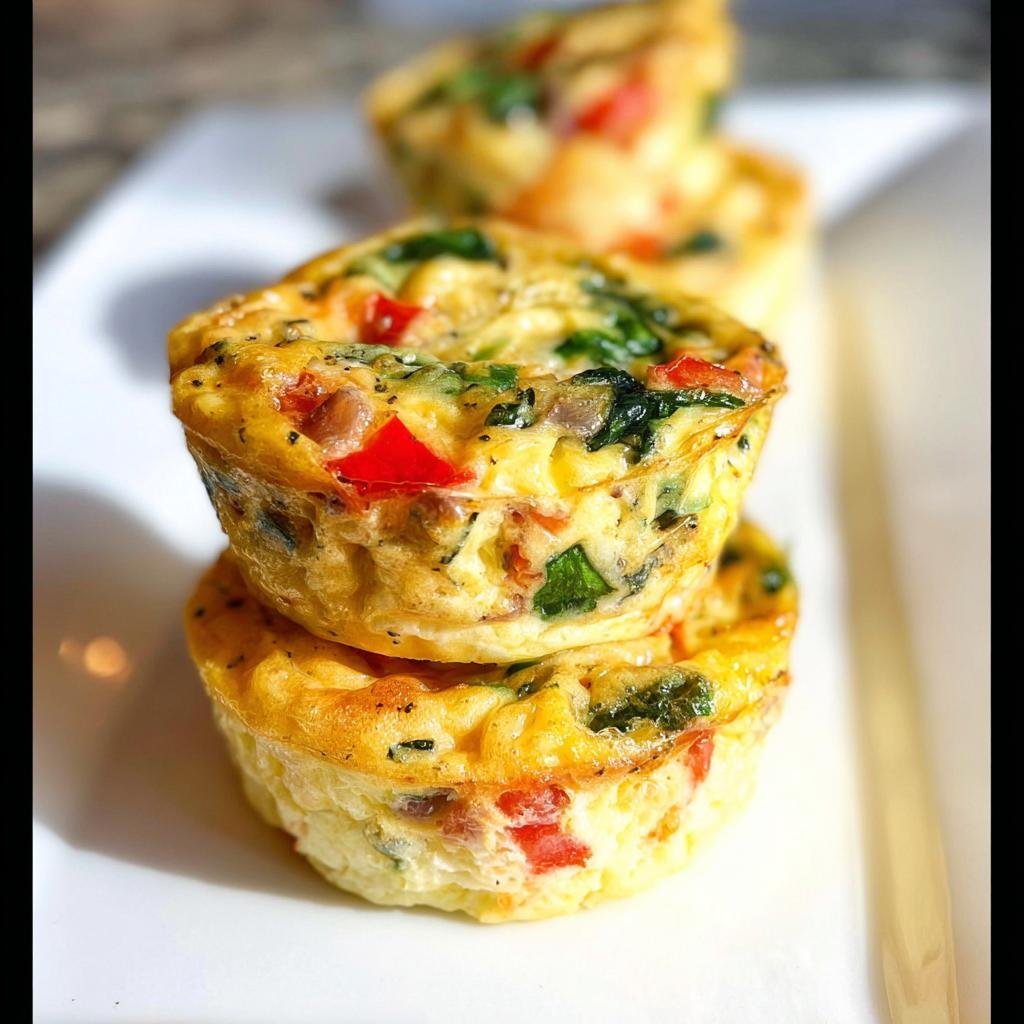 Two Veggie-Loaded Egg Muffins stacked on a white plate, showing visible chunks of red pepper and spinach.