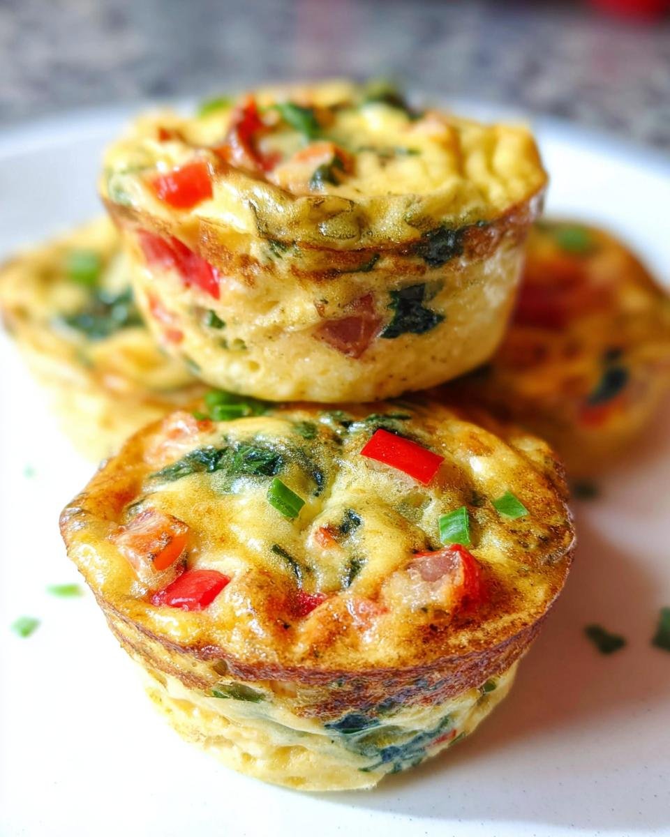 A close-up stack of freshly baked Veggie-Loaded Egg Muffins showing visible red peppers and green spinach.