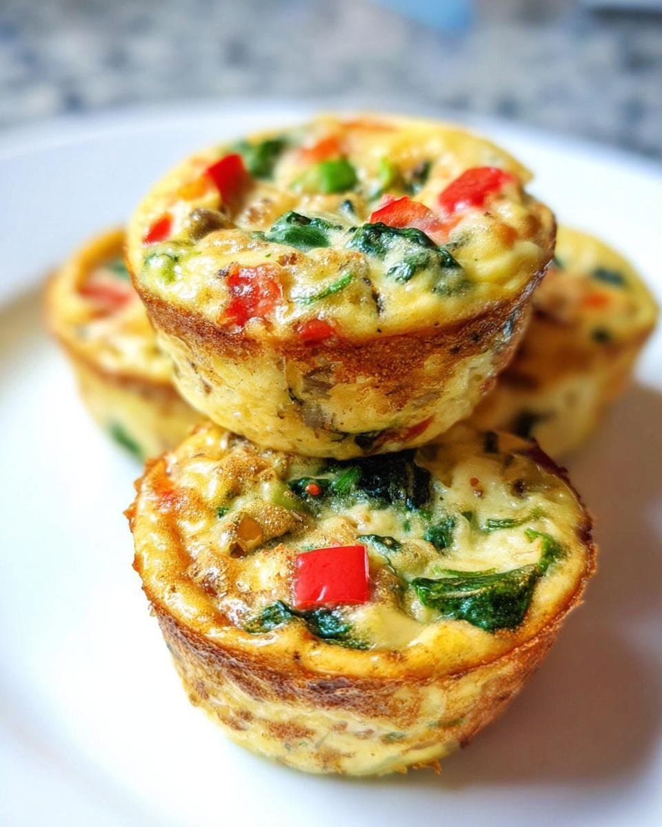 A close-up stack of golden-brown Veggie-Loaded Egg Muffins filled with visible spinach and red pepper pieces.