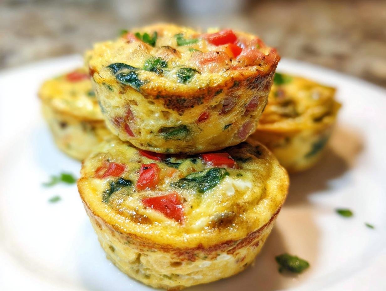 Close-up of a stack of three golden Veggie-Loaded Egg Muffins showing visible red peppers and green spinach baked inside.