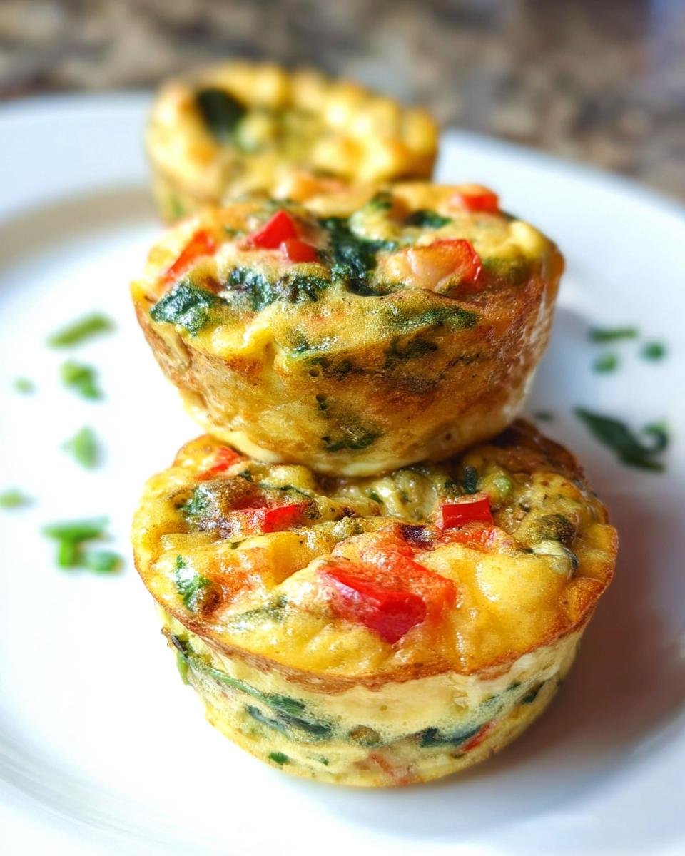 Two Veggie-Loaded Egg Muffins stacked on a white plate, showing visible spinach and red bell peppers.