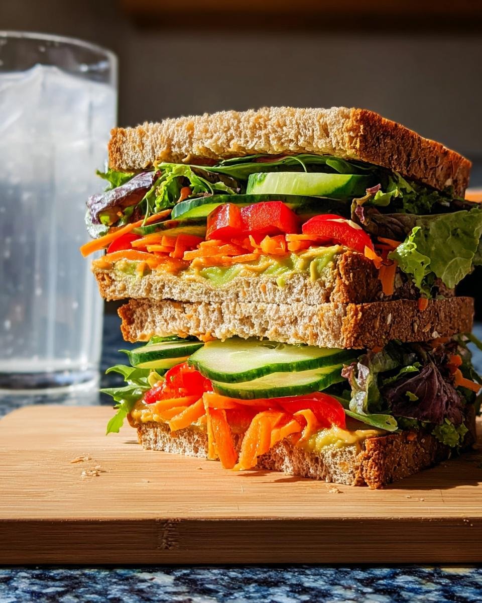 A tall, stacked sandwich featuring whole wheat bread, avocado spread, carrots, cucumber, and lettuce, perfect for Light & Fresh Lunch Ideas.