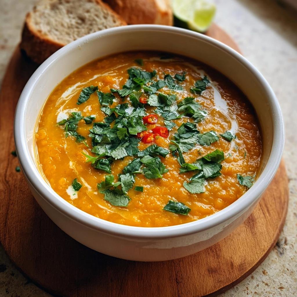 Close-up of a vibrant orange lentil soup bowl, topped with fresh cilantro and chili, perfect for Budget-Friendly Healthy Meal Prep Recipes.