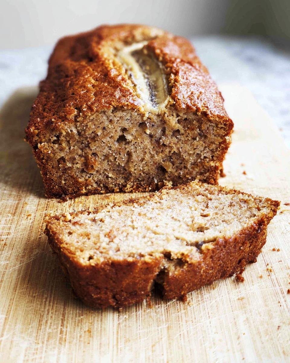 A close-up of a loaf of World's Best Banana Bread, sliced to show the moist interior and caramelized crust.