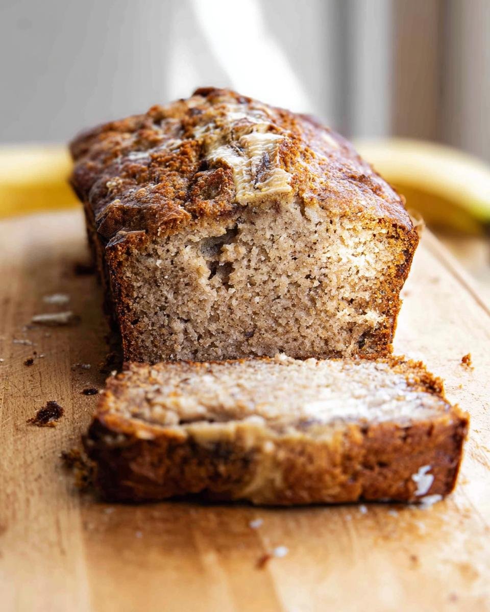 A freshly baked loaf of World's Best Banana Bread with one slice cut and resting in front.