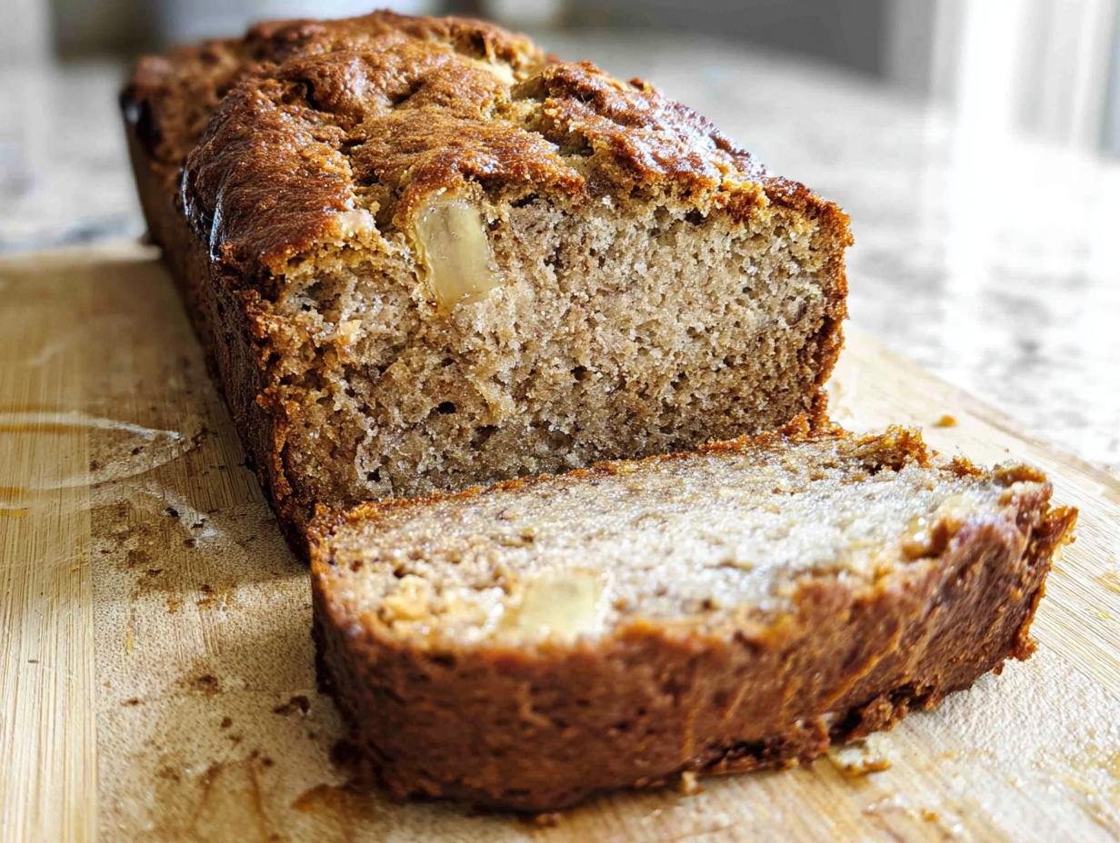 Close-up of a loaf of World's Best Banana Bread, with one thick slice cut and resting beside it on a wooden board.