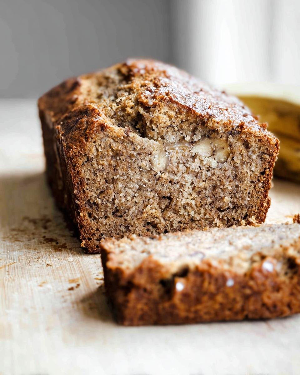 Close-up of the World's Best Banana Bread, showing a thick slice cut from the loaf on a wooden board.