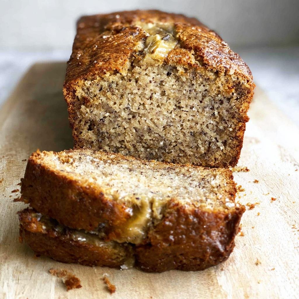 Close-up of sliced World's Best Banana Bread showing the moist, speckled crumb on a wooden board.