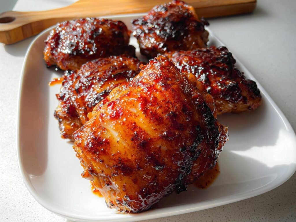 Four pieces of Air Fryer BBQ Chicken Thighs with a sticky, caramelized glaze served on a white plate.