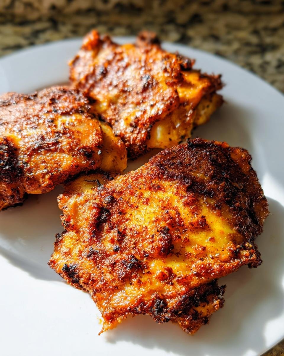 Three pieces of crispy, seasoned Air Fryer Boneless Chicken Thighs Fast resting on a white plate.