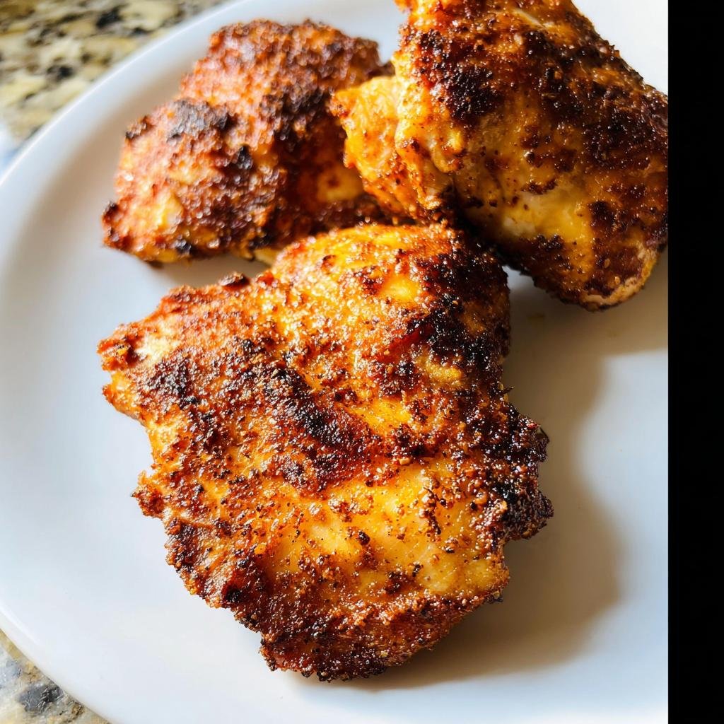Three pieces of perfectly cooked, seasoned Air Fryer Boneless Chicken Thighs Fast served on a white plate.