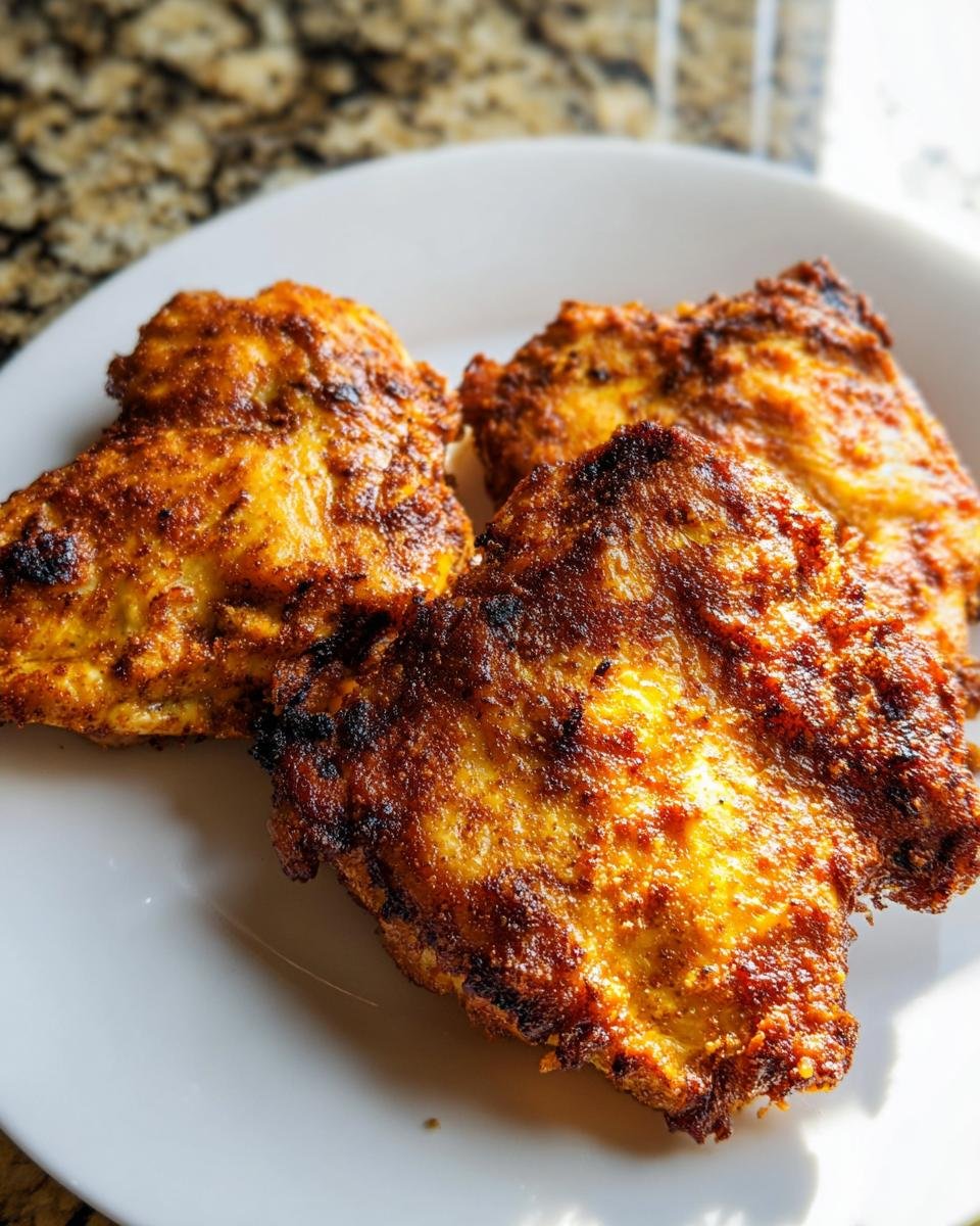 Three pieces of seasoned and crispy Air Fryer Boneless Chicken Thighs Fast served on a white plate.