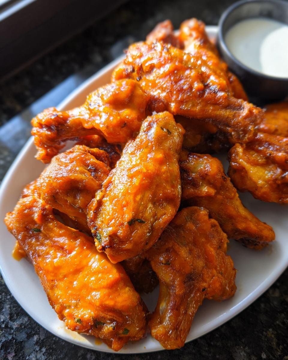 A plate piled high with glossy, orange-glazed Air Fryer Buffalo Chicken Wings Extra Crispy, served with a side of ranch dressing.
