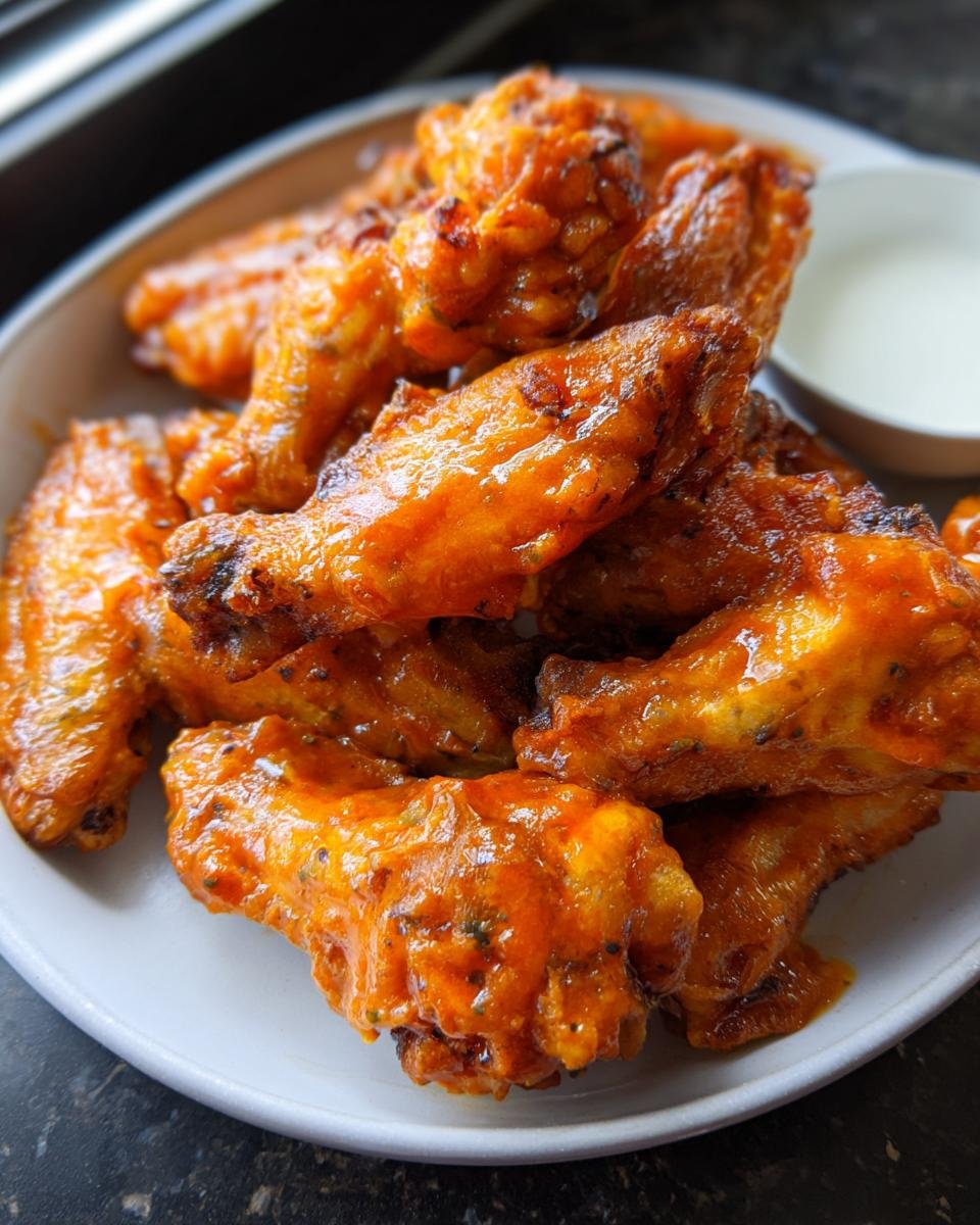 Close-up of a pile of glossy, orange Air Fryer Buffalo Chicken Wings Extra Crispy on a white plate with a side of ranch.