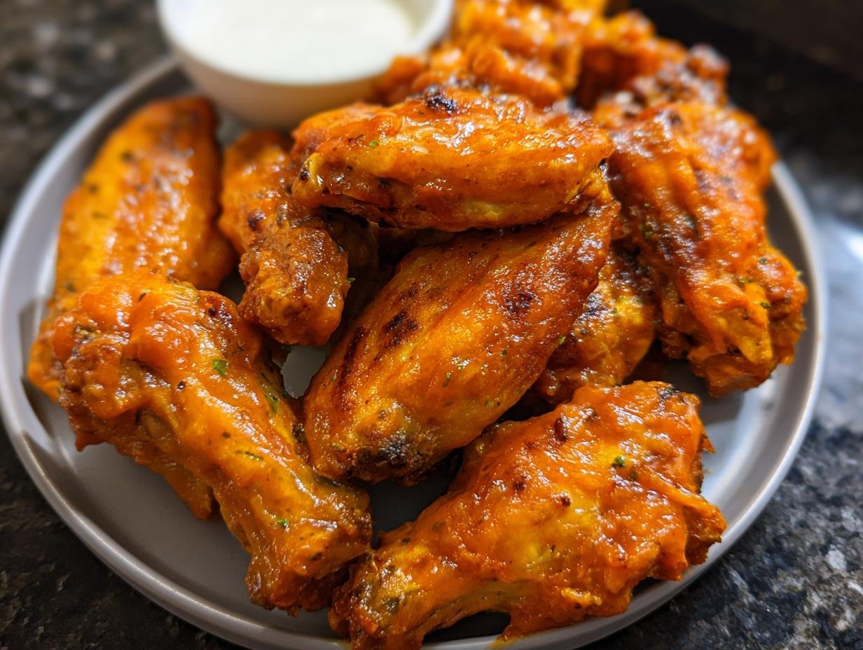 A plate piled high with glossy, orange-sauced Air Fryer Buffalo Chicken Wings Extra Crispy, served with a side of ranch dip.