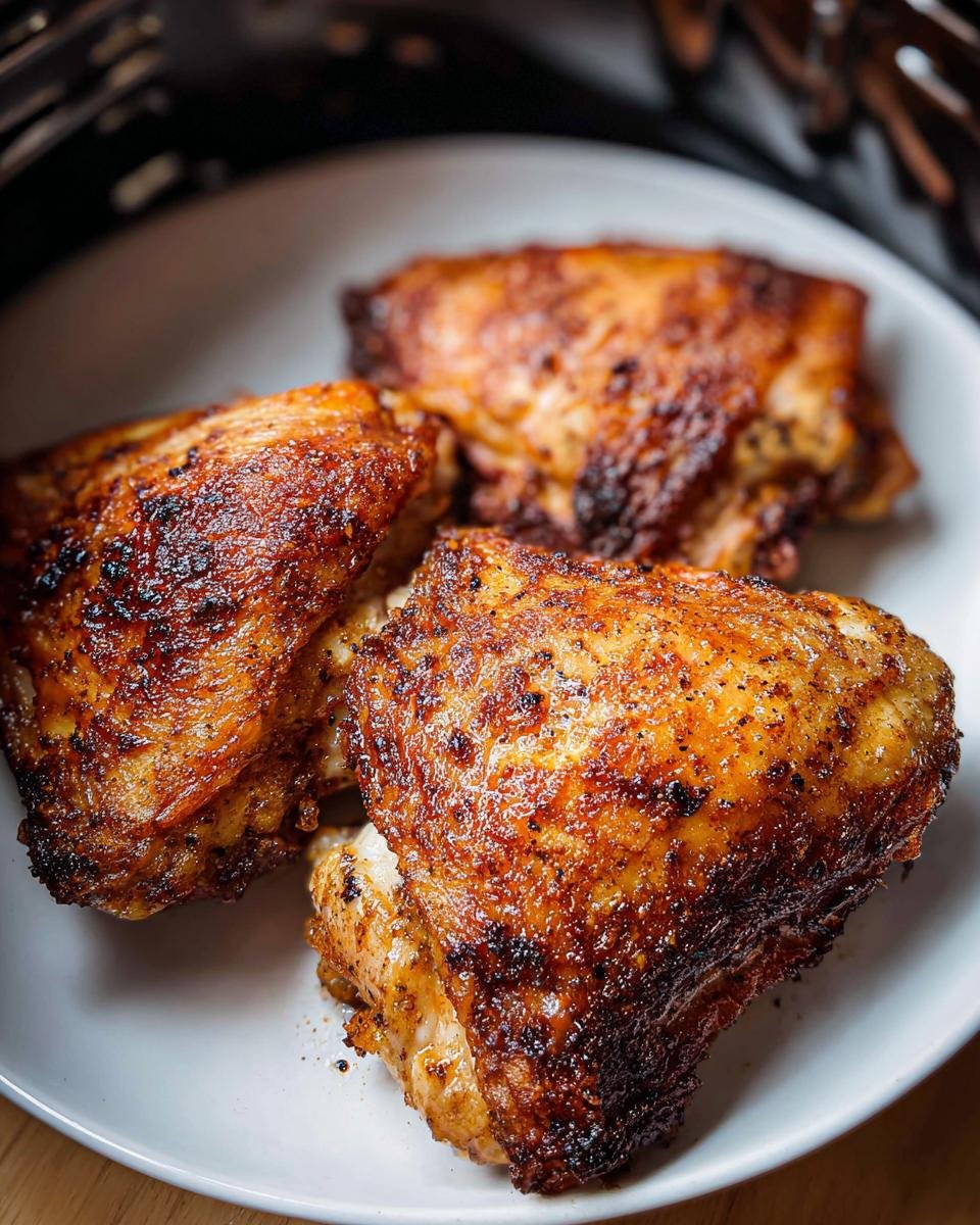 Three pieces of perfectly cooked Air Fryer Chicken Thighs Extra Crispy resting on a white plate.