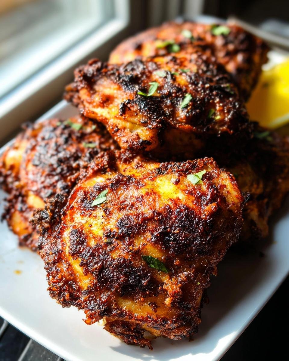 Close-up of perfectly cooked, crispy Air Fryer Chicken Thighs with Simple Marinade, garnished with parsley.
