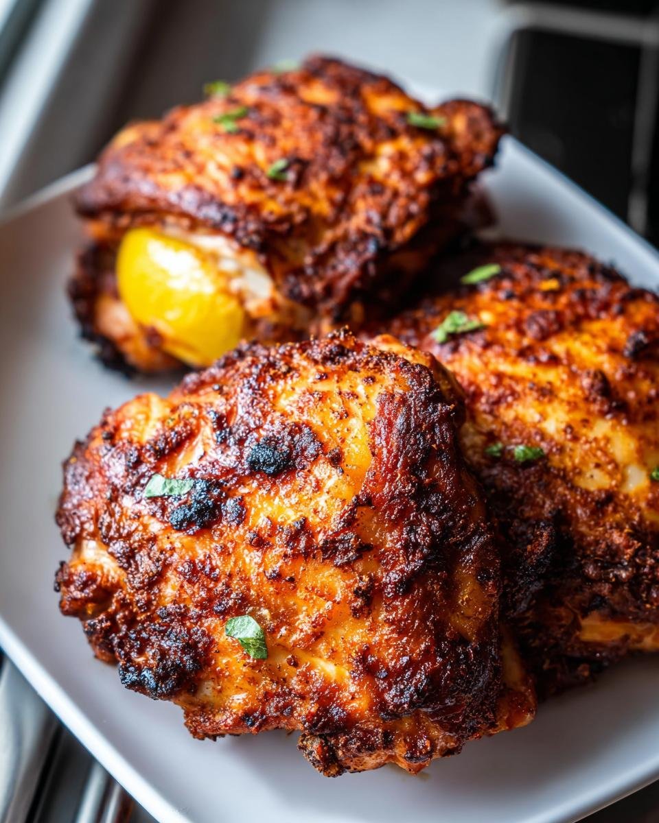 Close-up of three perfectly cooked Air Fryer Chicken Thighs Simple Marinade with crispy, dark skin on a white plate.