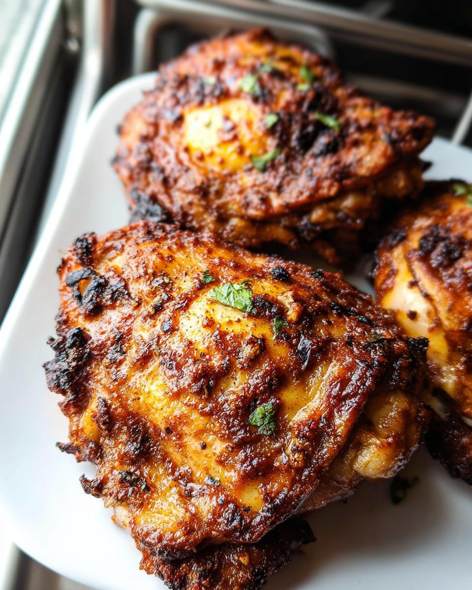 Close-up of three perfectly cooked Air Fryer Chicken Thighs Simple Marinade on a white plate.