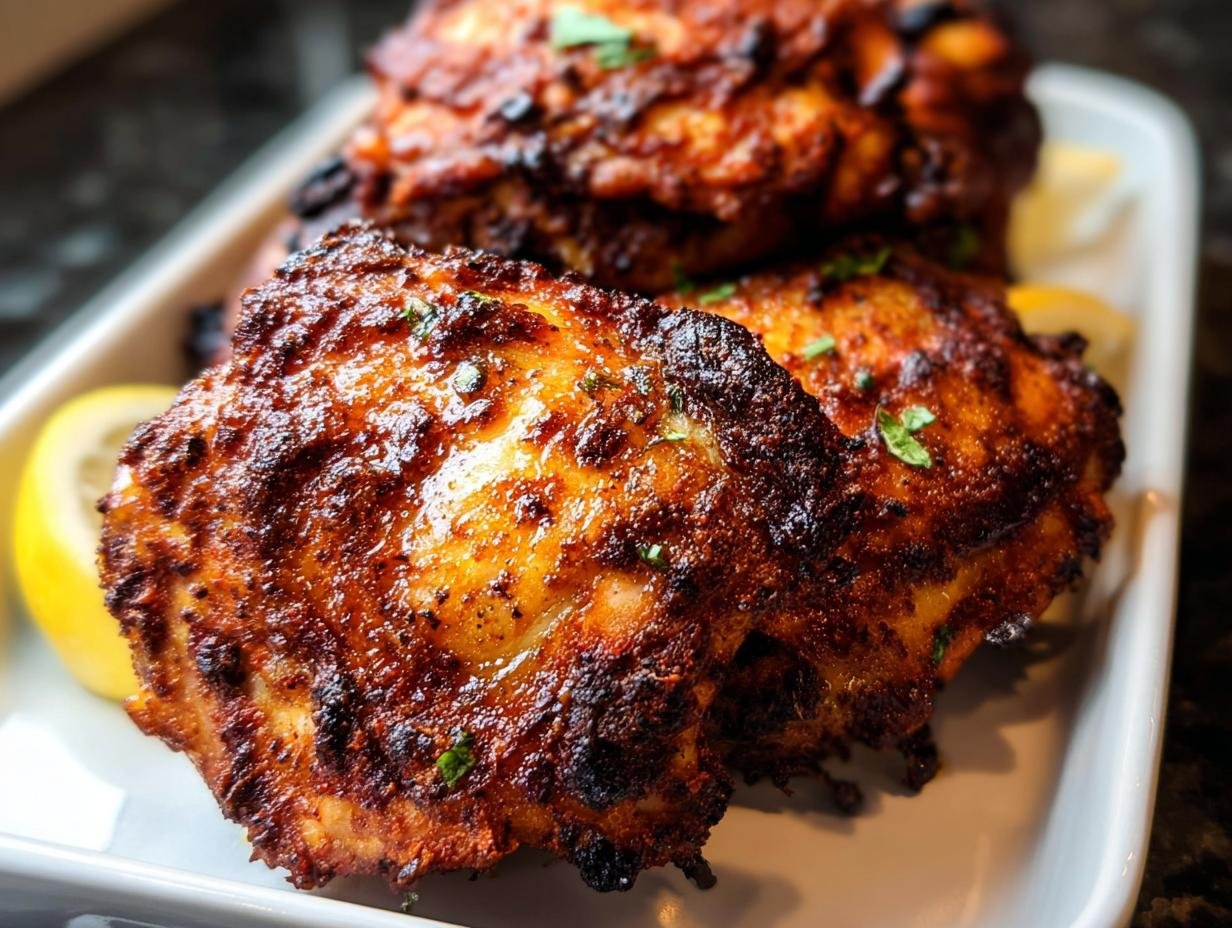 Close-up of perfectly cooked Air Fryer Chicken Thighs Simple Marinade with crispy, dark edges.