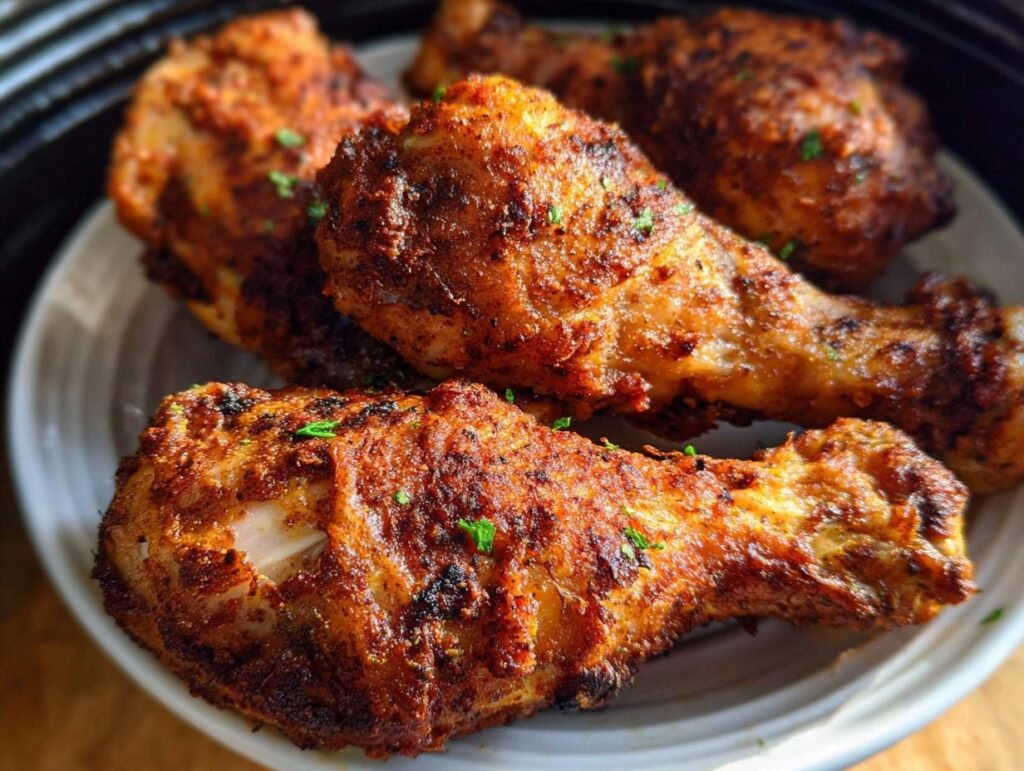 Close-up of four perfectly cooked Air Fryer Crispy Chicken Drumsticks with a seasoned, browned crust.