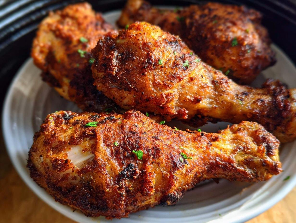 Close-up of four perfectly cooked Air Fryer Crispy Chicken Drumsticks with a seasoned, browned crust.