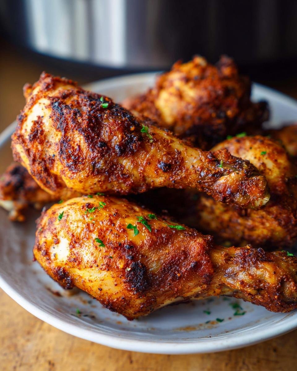 Close-up of perfectly cooked Air Fryer Crispy Chicken Drumsticks with a dark, seasoned crust.