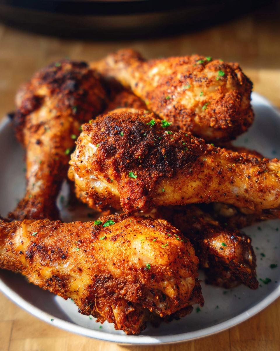 A close-up shot of several golden-brown Air Fryer Crispy Chicken Drumsticks piled on a white plate.