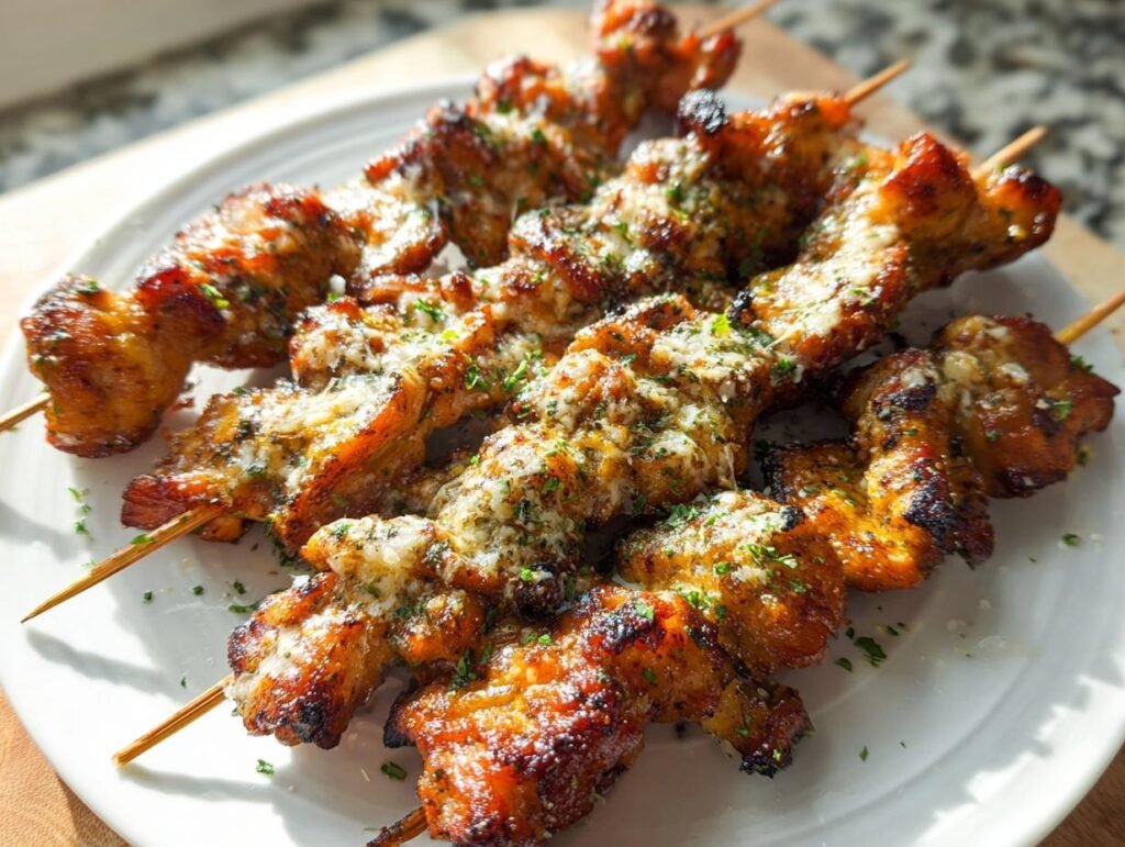 Golden brown Air Fryer Garlic Parmesan Chicken Thighs pieces skewered and topped with melted cheese and parsley.