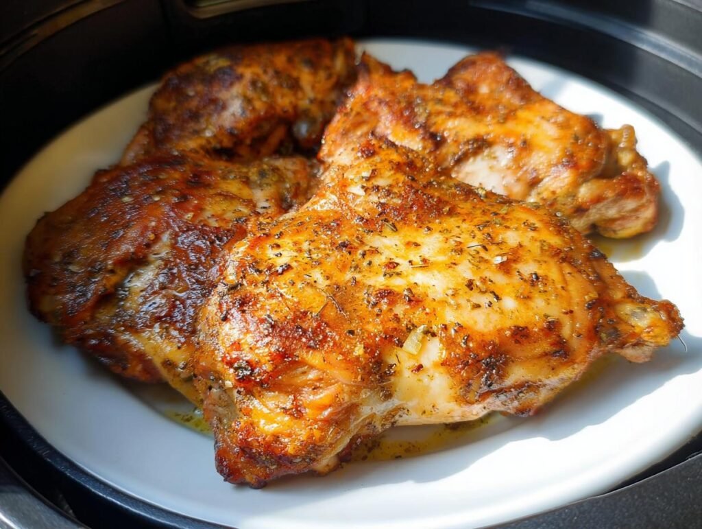 Four golden brown Air Fryer Lemon Pepper Chicken Thighs resting on a white plate inside the air fryer basket.