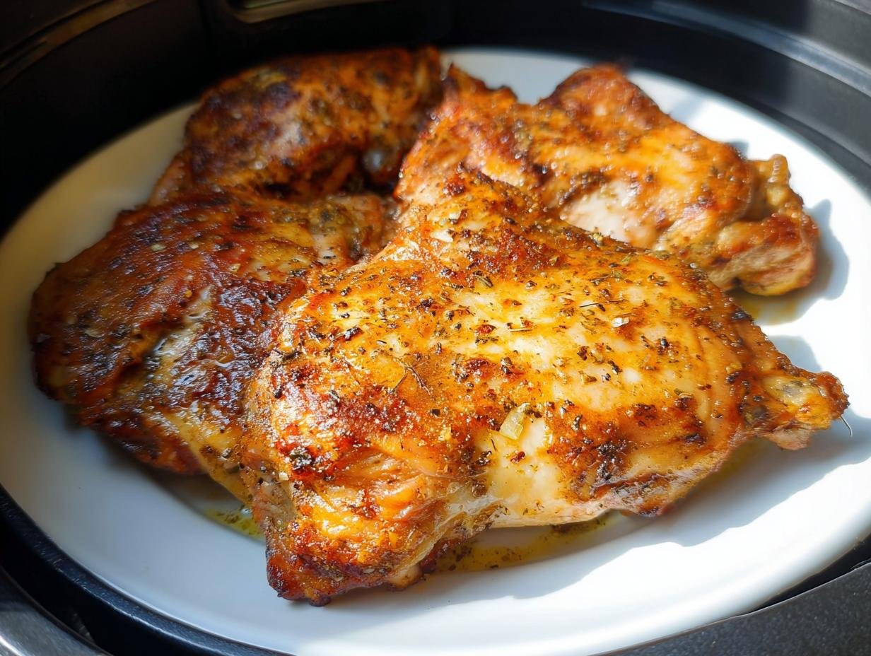 Four golden brown Air Fryer Lemon Pepper Chicken Thighs resting on a white plate inside the air fryer basket.