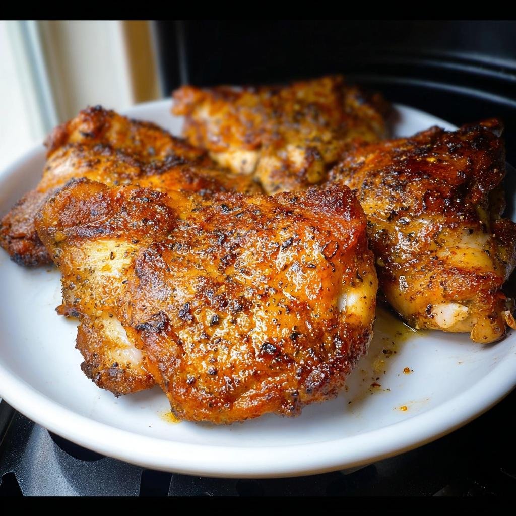 Four perfectly cooked, crispy Air Fryer Lemon Pepper Chicken Thighs seasoned with black pepper and herbs on a white plate.