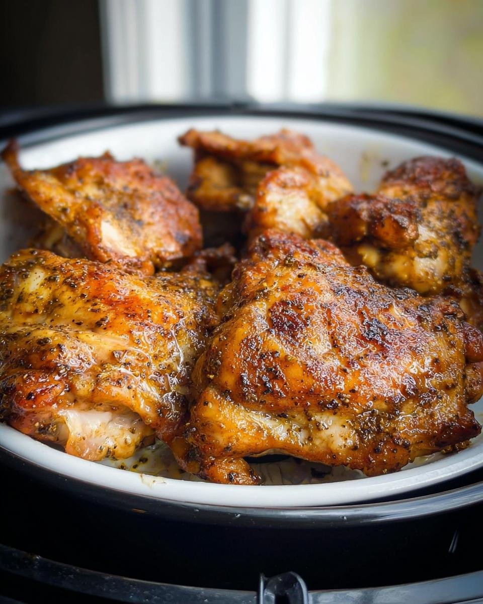 Close-up of golden brown, seasoned Air Fryer Lemon Pepper Chicken Thighs sitting in the air fryer basket.