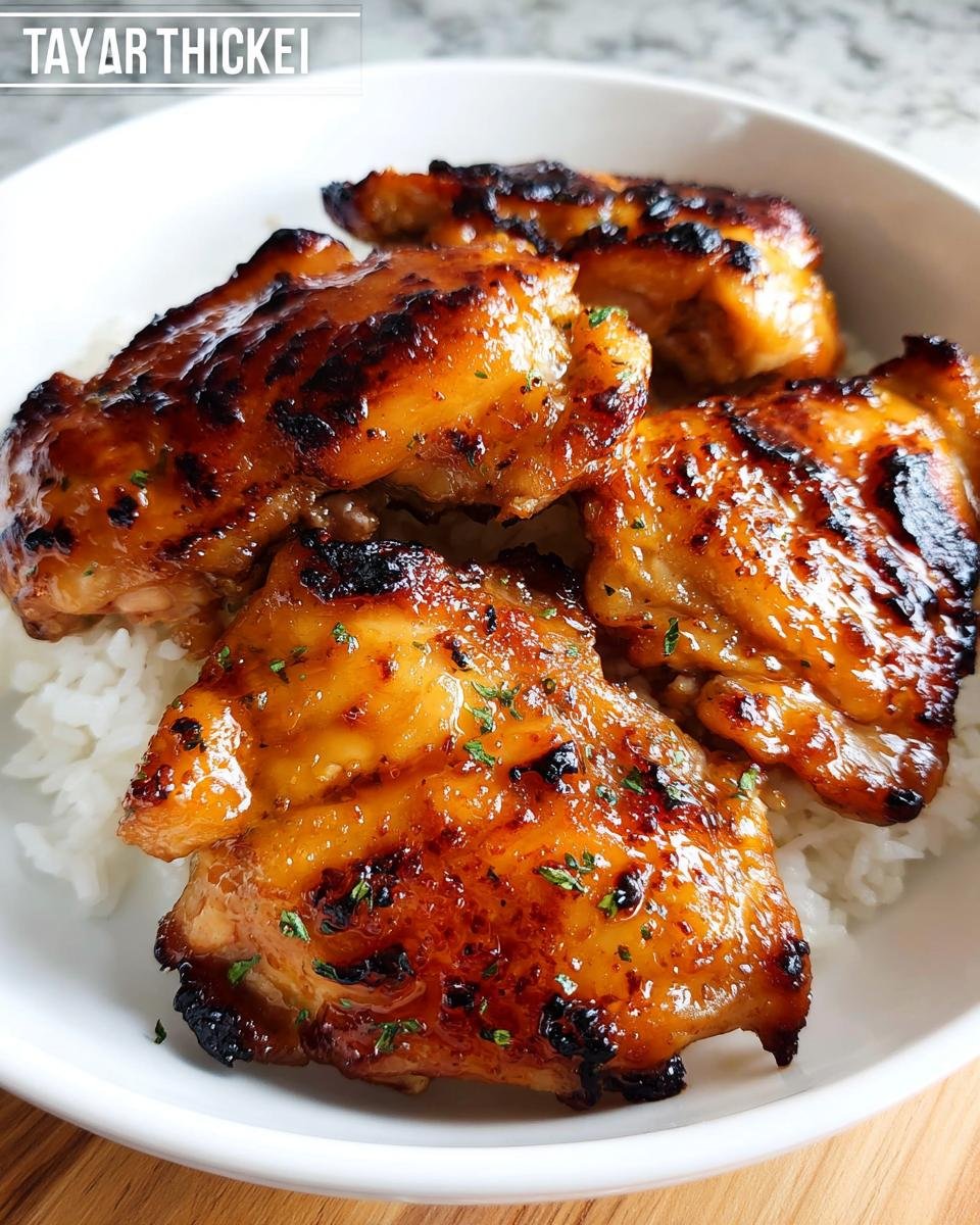 Four pieces of glossy, glazed Air Fryer Teriyaki Chicken Thighs served over white rice in a white bowl.