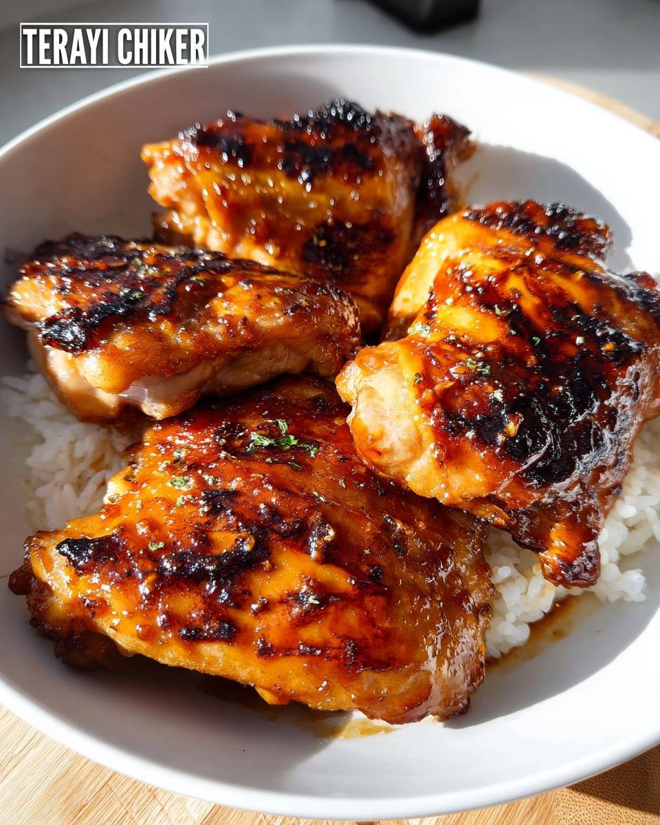 Four pieces of glossy, caramelized Air Fryer Teriyaki Chicken Thighs served over white rice in a bowl.