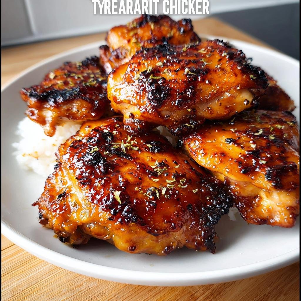 Close-up of glossy, caramelized Air Fryer Teriyaki Chicken Thighs served over white rice and sprinkled with herbs.