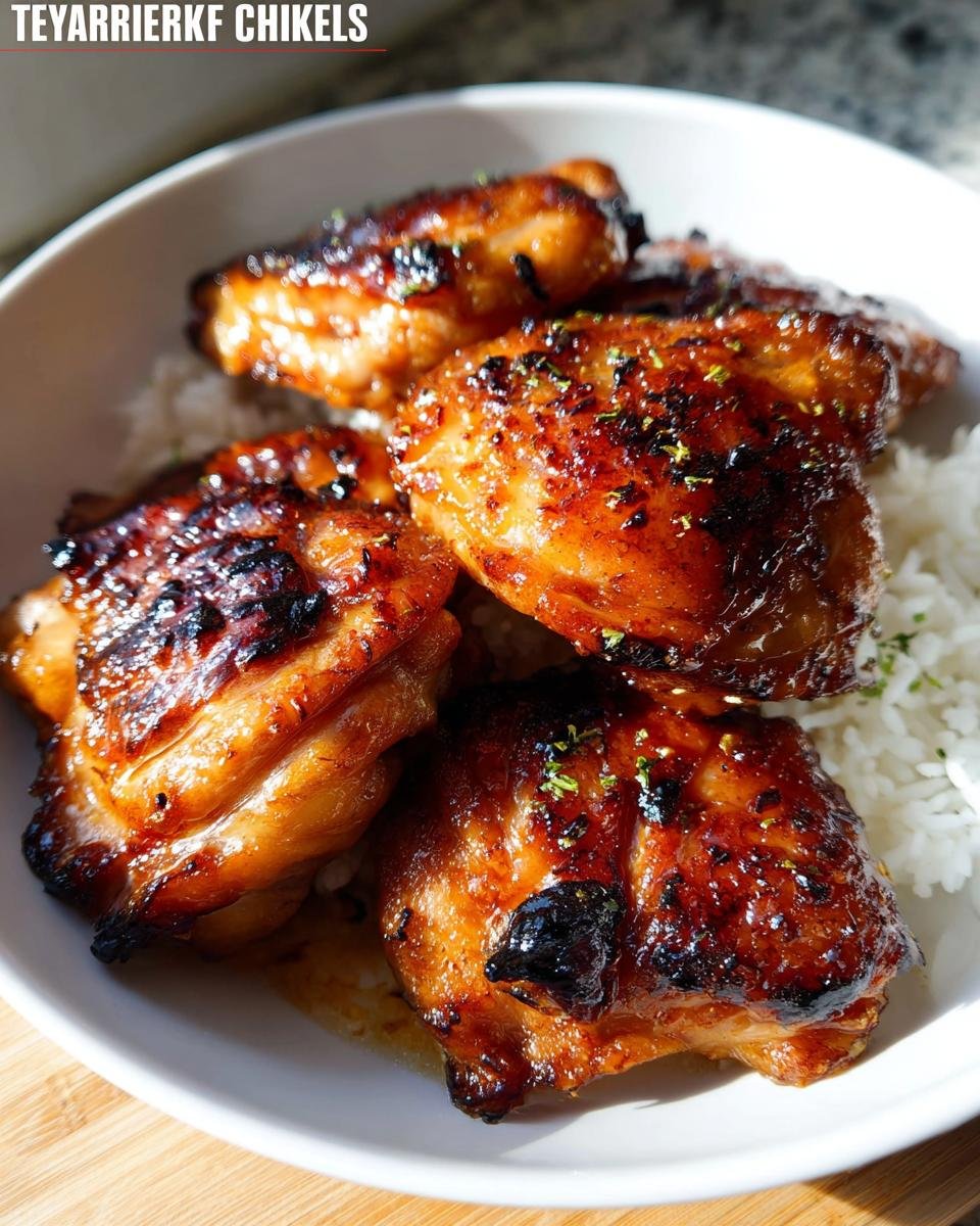 Close-up of glossy, caramelized Air Fryer Teriyaki Chicken Thighs served over white rice in a bowl.