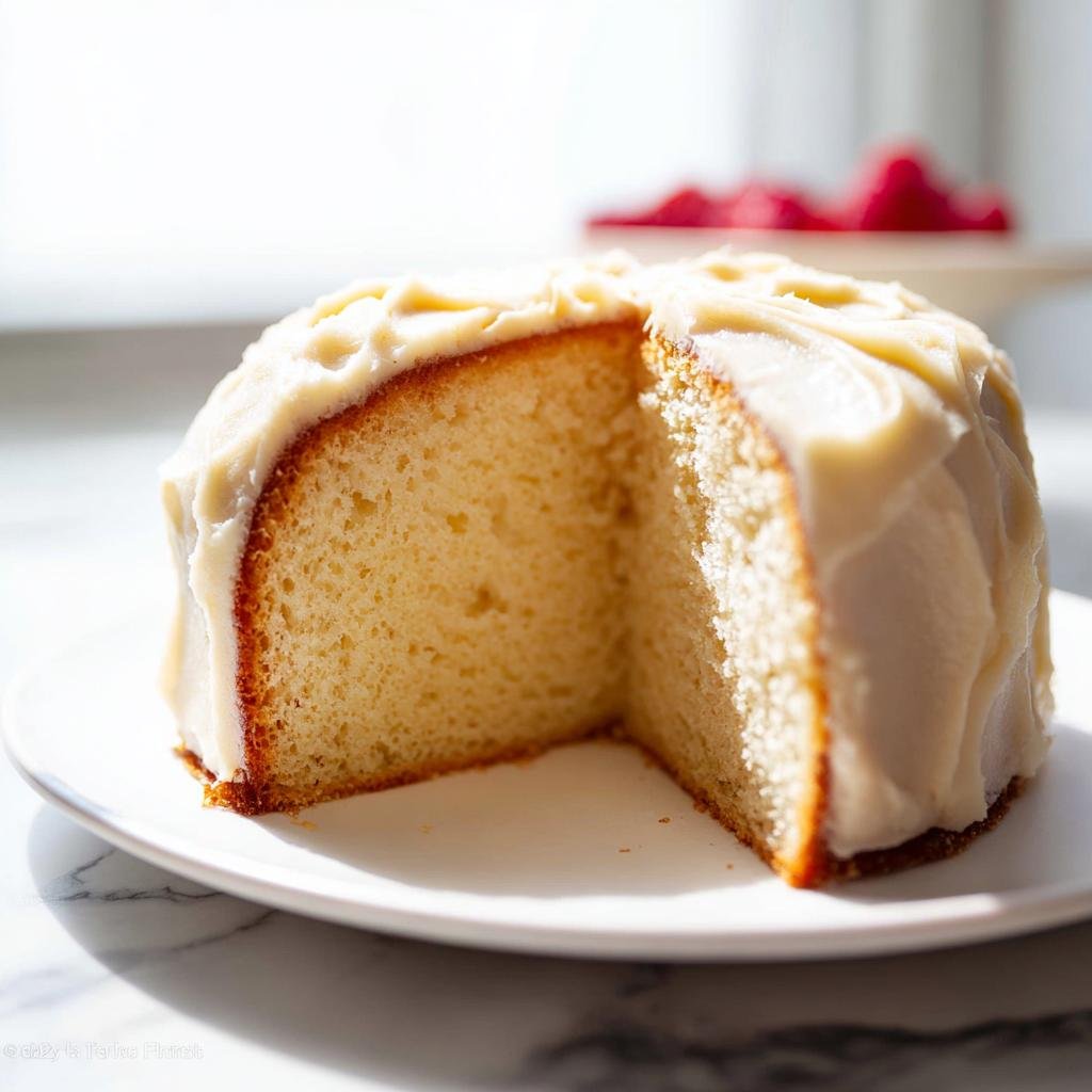 A slice of moist vanilla sponge cake with creamy frosting, showcasing one of the amazing cake ideas.