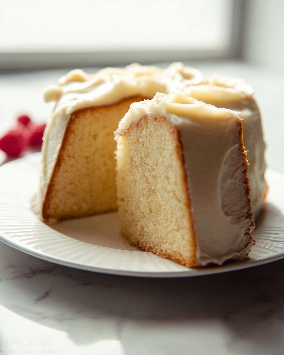A slice of moist vanilla sponge cake with creamy frosting, part of amazing cake ideas.
