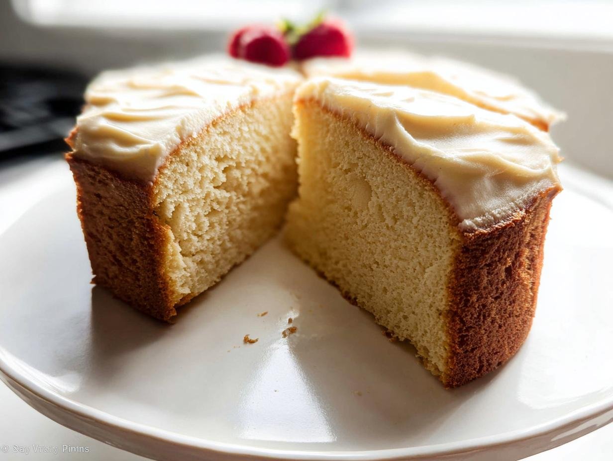 A slice of vanilla sponge cake with creamy frosting and strawberries, showcasing one of the amazing cake ideas.