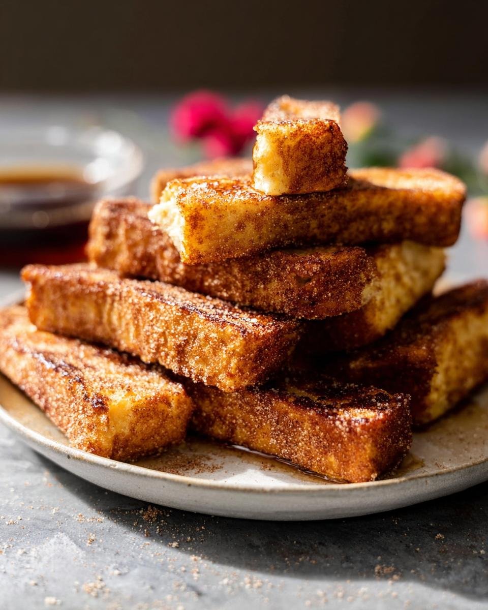 A tall stack of golden brown Baked French Toast Sticks coated in cinnamon sugar on a plate.