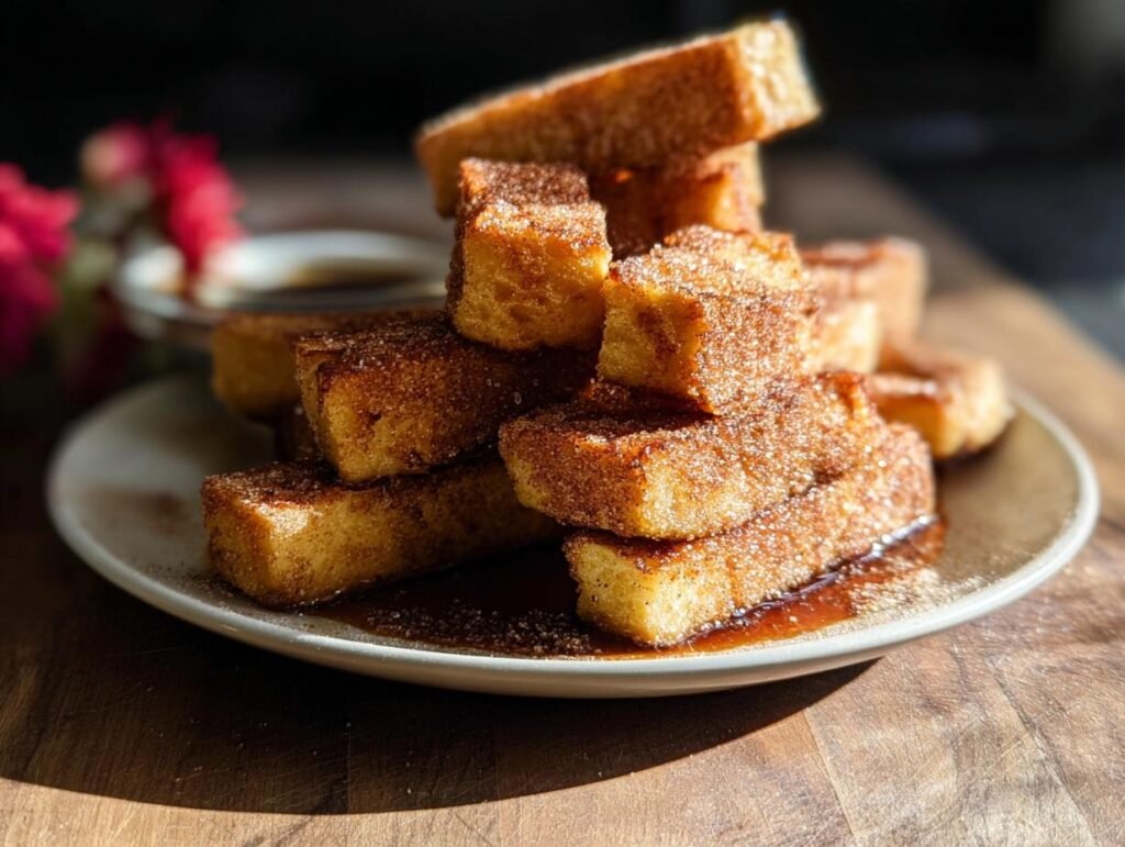 A tall stack of golden Baked French Toast Sticks coated in cinnamon sugar sitting on a white plate.