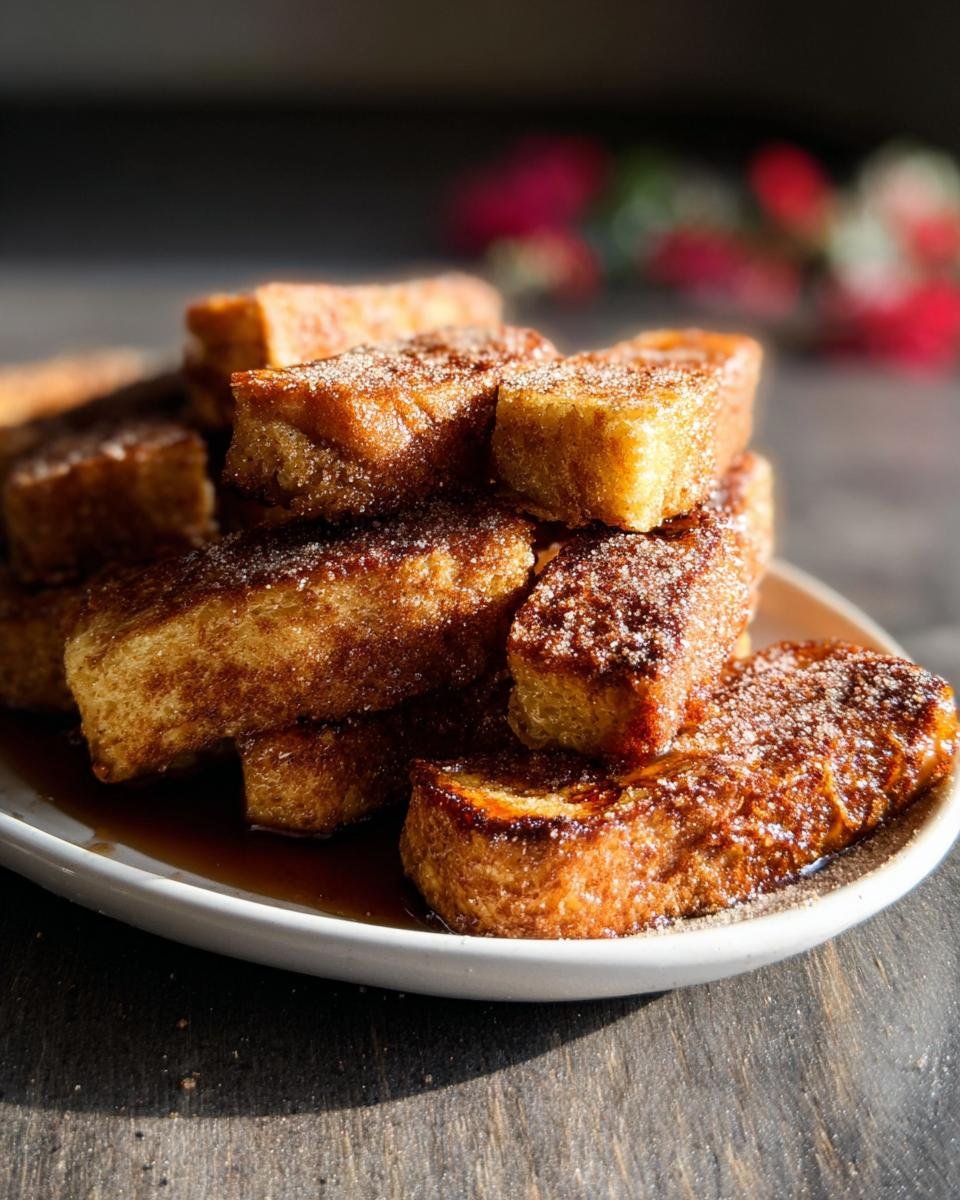 A stack of golden brown Baked French Toast Sticks coated in cinnamon sugar, resting in syrup on a white plate.