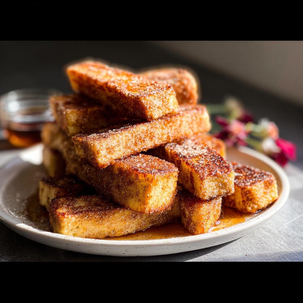 A tall stack of golden brown Baked French Toast Sticks coated in cinnamon sugar on a white plate.