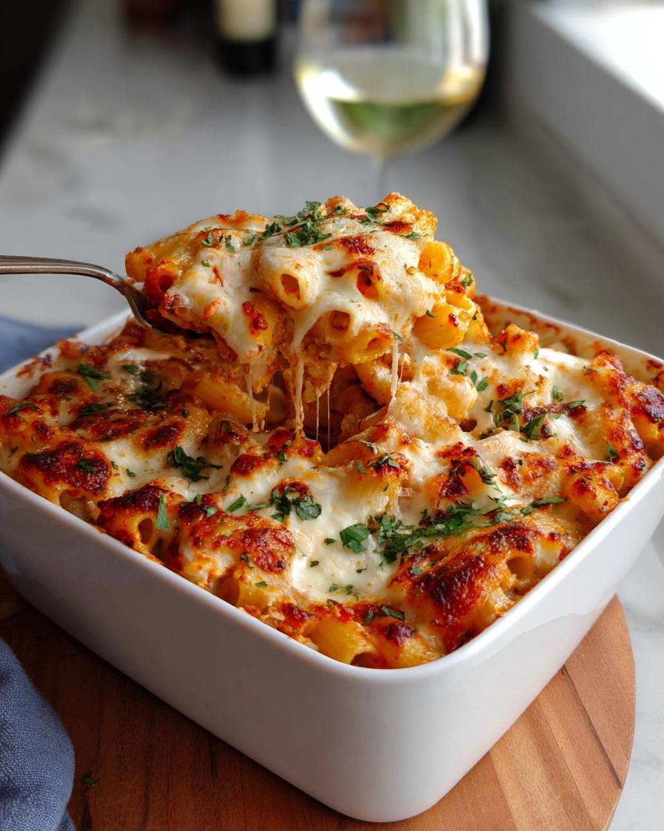 A spoonful of Baked Ziti with Ricotta Family Size being lifted, showing long, gooey cheese pulls.