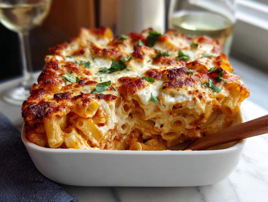 A close-up of a family size Baked Ziti with Ricotta, showing a cheesy, browned top layer in a white baking dish.